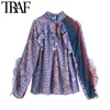 Traf Women Fashion Patchwork Print Ruffled Loose Blouses Vintage High Neck Long Sleeve vrouwelijke shirts chic tops 210415