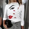 Kobiety Lips Drukuj Bluzki Koszule Eleganckie Ladies O-Neck Pullover Topy Jesień Z Długim Rękawem Dorywczo Koszula Blusa Streetwear 3XL 210514