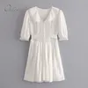 Verão Mulheres Partido Branco Mini Laço Crochet Único Breasted Belted Doce Elegante Feriado Curto Praia Vestido 210415