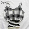 Syiwidii Crop Tops für Frauen Halter Kleidung Cami Plaid Kurze Gestrickte Spaghetti Strap Tank Top Sexy Backless Rüschen T Shirts 210417