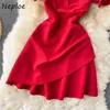 Neploe Cross Wooden Ear Design Dress Women Square Collar Short Sleeve Ruffles Vestidos High Waist Hip Slim A Line Robe Summer 210423