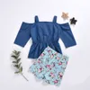 Filles Vêtements Fille Ensemble Costume D'été Une Épaule Denim Top + Floral Shorts 2 Pcs Enfants Vêtements Costume Pour 210528