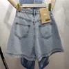 Sommar mode avslappnad elegant retro denim shorts kvinnlig hög midja bredben Kort design känsla av oregelbunden 210510