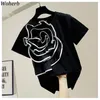 Blomma ruffle t-shirt kvinnlig sommar japansk lös svart vit tee mode kvinnor toppar t-shirt elegant chic 210519