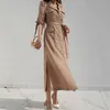 Sommer Eine Linie Frauen Kleid Koreanische Kerb Kragen Halbe Hülse Taste Verband Bogen Vintage Lange Maxi Weibliche Robe Vestidos 210514