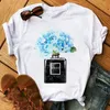 Femmes Vêtements Imprimer Fleur Bouteille De Parfum Doux T-shirt À Manches Courtes Chemise Imprimée T Femme T-shirt Top Casual Femme Tee X0527