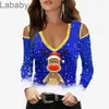 디자이너 새로운 크리스마스 옷 여성 엘크 인쇄 슬림 섹시 숄더 탑 트럼펫 긴 소매 티셔츠 5 색