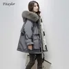 Fitaylor Large Natural Fur Hooded Winter Jacket Women 90% White Duck Down Thick Parkas Warm Sash Tie Up Snow Coat 211018