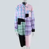 Women Contrast Color Plaid Pattern Big Size Dress Lapel Long Sleeve Loose Fit Fashion Tide Spring Autumn 1DD3634 210421