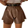 Damen-Shorts, Damen, Leder, PU, einfarbig, mittlere Taille, lockere kurze Hosen mit Taschen, für Mädchen, Frühling und Herbst