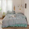 Korean Retro Plaid Lace bed linen Bedding Sets Queen/King Size Duvet Cover Set flat fitted Quilt Cover 4pcs bed skirt 210706