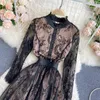 Singreiny Mesh Hook Flower Hollow Dress Dames O Neck Lange Mouwen Button A-lijn Jurk Lente Koreaanse Mode Streetwear Midi Jurk 210419