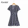 Foridol Floral Print Summer Wrap Dress Women V Neck Short Navy Blue Beach Cotton Flare Sleve Dress Holiday Vintage Dress 210415