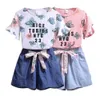 Shirt Flower + Jean Pantalon court 2 PCS Girl Clothing Set pour filles Tend Kids Vêtements 8 10 12 14 Year X0902