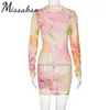 Missakso Floral Print See przez Siatka Sukienka Streetwear Club Y2K Wiosna Suma Seksowny Bodycon Długi Rękaw Mini Sukienki 210625