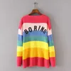 Lazy BORING Emboridery Rainbow Striped Cardigan Oversized Long Sleeve Knit Top Womens Sweaters Cardigans Harajuku Outift / 210922