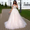 Seksowne aplikacje w szyku w dekolcie koronkowe koraliki A-line suknia ślubna z ramion bez pleców bez pleców 2021 Vestidos de novia