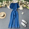 V Neck Bandage Jumpsuits Women Solid High Waist Bodysuit Korean Vintage Denim Ropa Mujer Spring Fashion 16346 210415