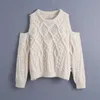 Spring White Appliques Klipp ut Stickad tröja Kvinnor Elegant Av Skulder Tröjor Kvinna Långärmad Ribbed Trim Pullover 210430