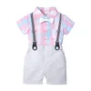 1-3Y Summer Born Baby Boy Vêtements Ensemble Rose Grille T-shirt Salopette + Short Blanc Tenues Vêtements 210521