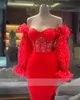 Красные вечерние вечерними платьями из бисера с формального платья плеча для женщин элегантные высокие разрезы выпускные платья с длинным рукавом