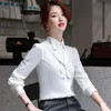 Lange mouwen abrikoos shirt vrouwen ruches ontwerp lente mode formele zakelijke chiffon blouses kantoor dames werk tops 210604