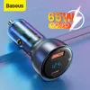 Baseus USB Автомобильное зарядное устройство 65W PD Быстрая зарядка быстрой зарядки 4.0 QC 3.0 Тип C для iPhone 12 Xiaomi Samsung MacBook