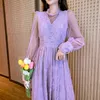 Süßes lila Feen-Vintage-Kleid, französischer Frühling, elegante Spitze, hohe Taille, lässig, schlankes Midi-Kleid, weiblich 210518