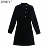 Zevity Women Stand Collar Diamond Knappar Dekoration Casual Slim Black Velvet Klänning Kvinna Chic Party A Line Vestido DS5051 210603