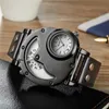 OUMM 9591 Men Military Montres Military Deux fuseaux Time Quartz Montre Mâle Homme Véritable Cuir Sport Montre-Bracelet Relogio Masculino G1022