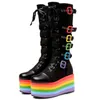 Colorful thick-soled platform breathable cowhide lace-up Martin boots woman rainbow platform sole belts buckle lace up high boot H1116