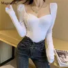 Lente herfst witte blouse vrouwen lage borst vierkante kraag sexy top casual vintage bladerdeeg mouw zwart shirt Blusas 12605 210512