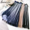 SURMIITRO printemps été Style coréen 3 couches femmes brillant dégradé maille taille haute Midi longue Tulle jupe plissée femme 210712