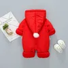 Baby-Jahr-Kleidung Winter-Kind-Kleidung Säuglings verdicken mit Kapuze Overall für Mädchen Frühlingsfest rote Pelz-Strampler 210529