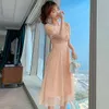 Summer Elegant Plaid Chiffon Midi Dress French Style Fashion Square Collar Puff Sleeve High Waist Slim Dress Robe Vestido 210518