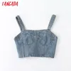 Mulheres Denim Camis Crop Top Spaghetti Strap mangas Back Zipper Feminino Casual Tops 5B11 210416