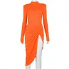 Party Night Club Wear Robe mi-longue à manches longues pour femmes Orange Noir D85-BH24 Asymétrique Haute Split Robes Sexy Y1006