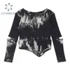 Streetwear Long Sleeve Split Crop T Shirt And Tops Women O Neck Pullover Tie Dye Tees Hem Irregular Retro Patchwork Tops Mujer 210417