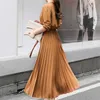 Autumn Single Breasted Chiffon Dress Women Pleated Dresses Full Sleeve Slim Waist A-line Vestidos Casual Long Dress 12377 210527