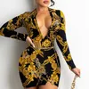 Casual Dresses High Quality Vintage Golden Chains Print Bodycon Mini Dress Womens Long Sleeve Skinny Party Club Wear Special Occasion Outfit