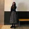 Students Black 2pcs Set Back Tie V-Neck Short Sweater Pullover +Long-Sleeved Ruffled Floral Dres Korean Elegant Suit 211106