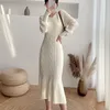 High Quality Autumn Winter Dress Designer French Retro Girls Korean Style Women Knitted Sweater Warm Long Vestidos Robe 210514