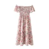 Femmes Floral Midi Dress Summer Fashion Slash Neck Froncé Buste Sundress Feminino Vestido 210602