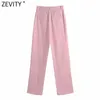 Zevity Femmes Simplement Rose Couleur Pantalon à jambes larges Vintage Taille haute Bureau Dames Zipper Fly Casual Pantalones Mujer P1023 210603