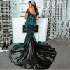 Glitter Sequin Mermaid Evening Dresses Off Shoulder Ruched Satin Prom Dress Celebrity Formal Gown Plus Size Sweep Train Robe de mariée
