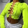 Symenial Patchwork Lace Up Długą Rękaw Crop Topy Kobiety Kringbed Sexy Party Knitwear T-shirt Hollow Out Bodycon Club Tie Front Top Y0508