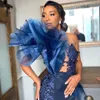 GORĄCO! Eleganckie sukienki na ramię Tulle Tulle Puffy Rękawy z długim pociągiem Syrenka Side Slit Lace Aplikacje Suknia wieczorowa