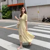 Vintage Floral Split Dres Chiffon a maniche a sospensione a maniche lunghe femmina femmina designer coreano in vita alta spiaggia estate 210604