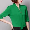 Blusas Mujer De Moda Ladies Top manica corta verde bianco camicetta camicia Plus Size fiocco Top solido per abbigliamento donna 4670 50 210415