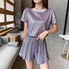 Mode Sommer Zwei Stück Set Frauen O Hals Kurzarm T-shirt top + beiläufige Breite bein Shorts Anzüge Weibliche 210518